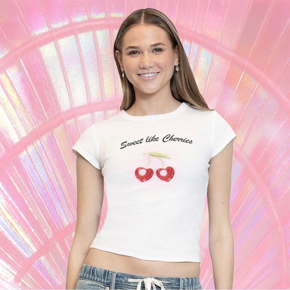 Madden Girl Juniors Rhinestone Graphic White Baby Tee Cherries Size Large